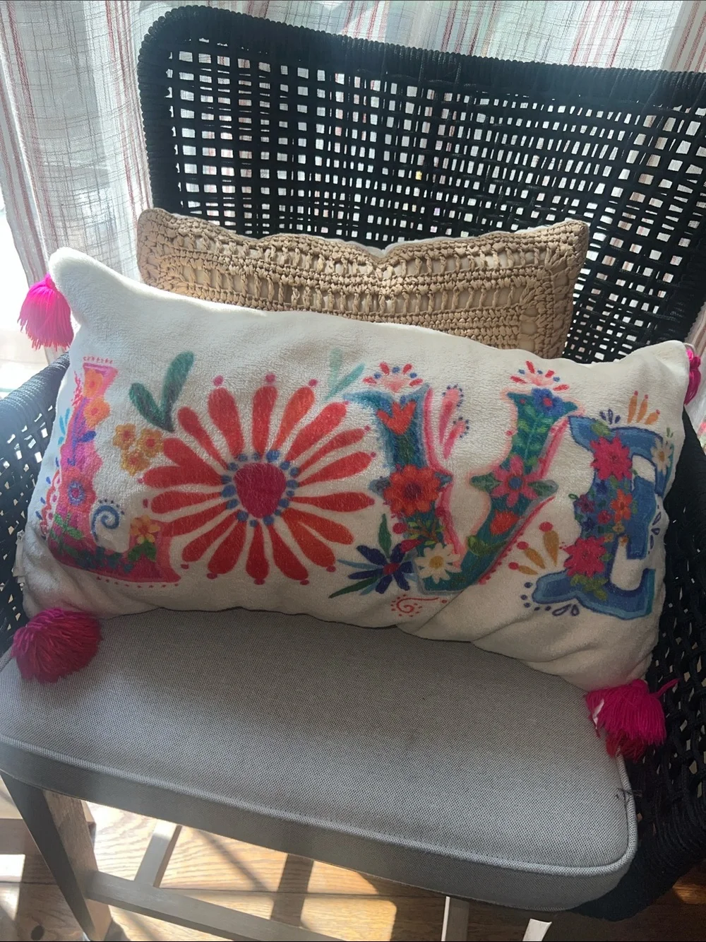 NATURAL LIFE Cream Embroidered 'LOVE' Pillow with Multicolor Floral Stitching